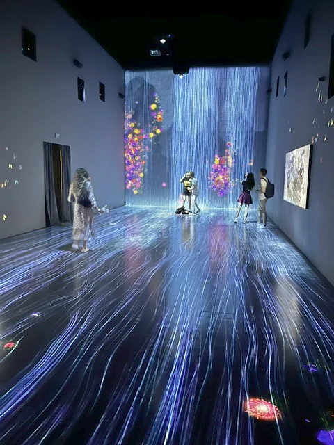 teamLabによる展示。壁一面を光の粒が滝のように流れ落ちる
